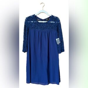 AUW Navy Blue Kids Formal Dress with Lace